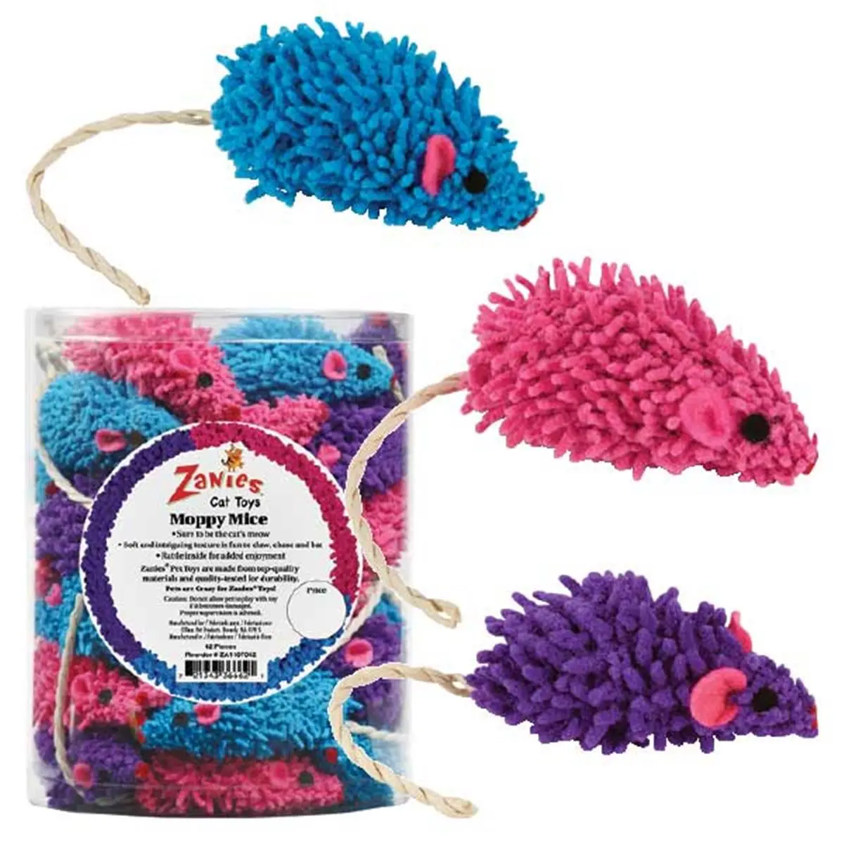 ZANIES Moppy Mice Plush Interactive Cat Toy Canister - 42 Pcs, Soft Fabric, Twined Tail, Engaging Cat Play Accessory