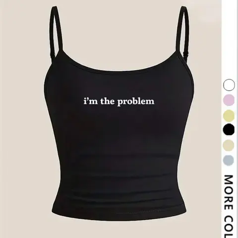 Women's Tight Fit Crop Top, 'i'm the problem' Letter Print, Sweet & Spicy Spaghetti Strap Design, Casual Graphic Tank Top, Stylish Bodycon Camisole, Sleeveless