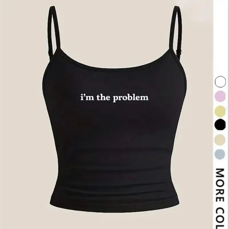 Women's Tight Fit Crop Top, 'i'm the problem' Letter Print, Sweet & Spicy Spaghetti Strap Design, Casual Graphic Tank Top, Stylish Bodycon Camisole, Sleeveless