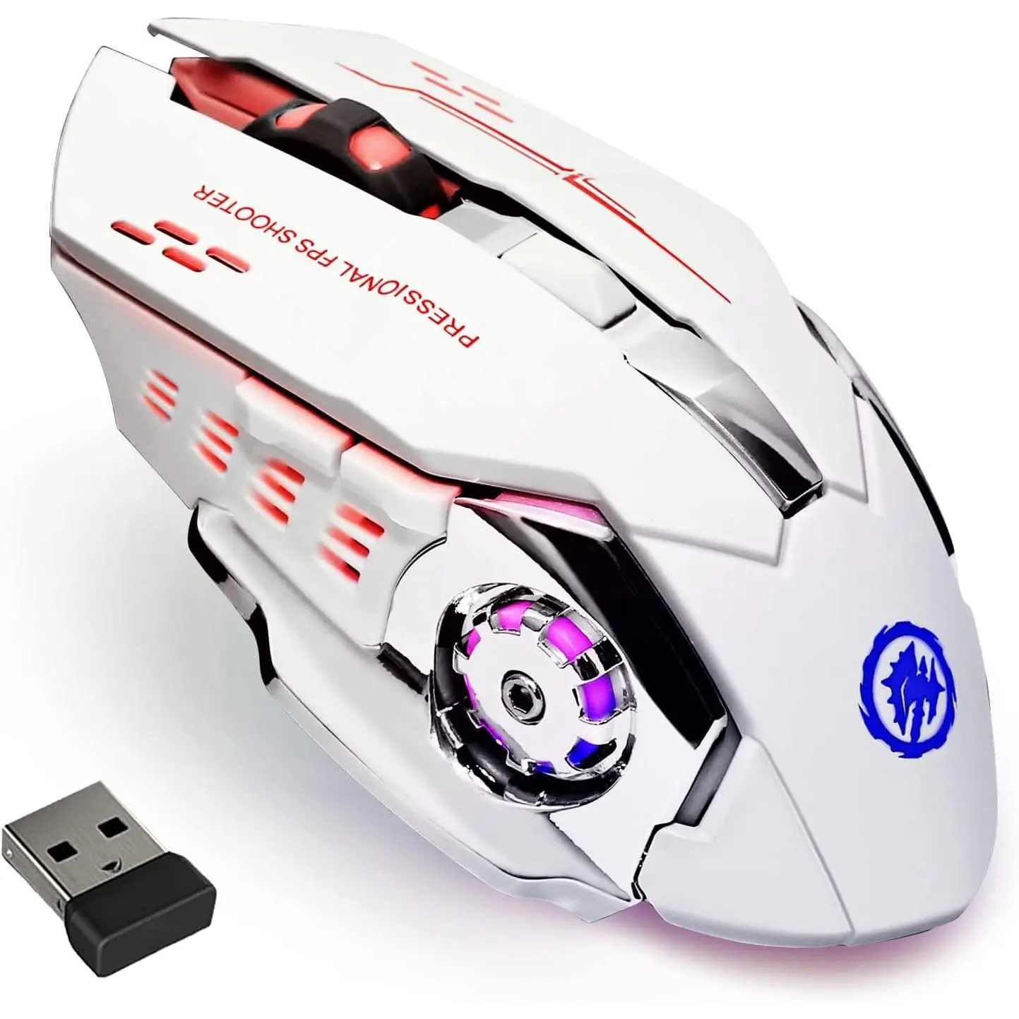 Gaming    RGB Rechargeable 2.4G USB Cordless Computer Mice with 7 Color Backlit, 6 Buttons & Silent Click for Laptop, iPad,  OS, PC, Windows -White