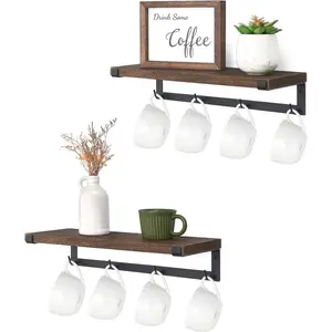 2 Set Rustic Wood Wall Mounted Mug Holder Rack with Hooks, Floating Storage Shelf Coffee Cup Hanger for Organizing Cooking Utensil, Coffee Bar Accessories Home Kitchen Decor, Brown