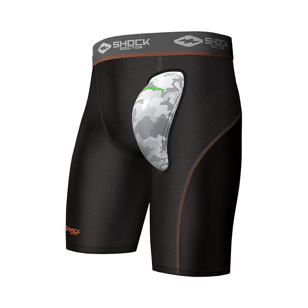 Shock Doctor Compression Short with AirCore™ Cup, Camouflage Pattern, and Black Design
