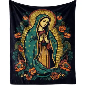 Virgin Mary Flannel Throw Blanket, Our Lady of Guadalupe Themed Black Throw for Home, Bed, Couch, Sofa, Fiesta-De-Ia-Virgen Catholic Gifts