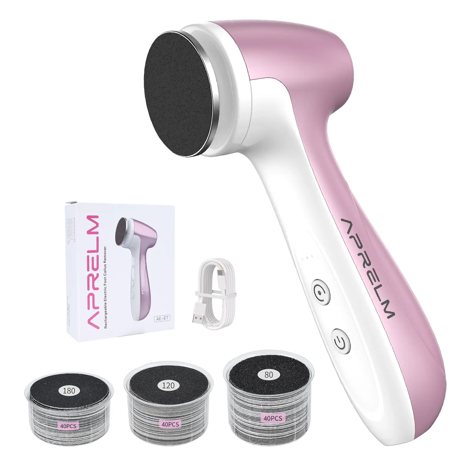APRELM-E7 5 in 1 Electric Foot Callus Remover Kit Rechargeable Adjustable Speed Waterproof Cordless Foot File Pedicure Tool with 120Pcs 3-Grit Sandpapers for Dead Hard Cracked Dry Skin Manicure Nail Care, Youth callus remover for feet