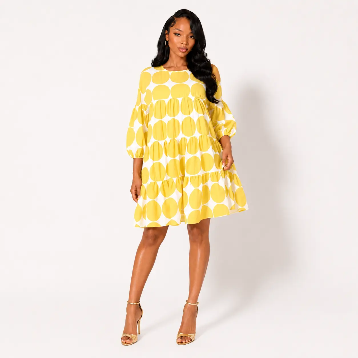 MOTIONKILLER Women's Casual Polka Dot Ruffle Dress - Crew Neck 3/4 Sleeve Midi Length Polyester Blend, Hand Wash Only, Elegant Casual Wear, US S-XXL Sizes