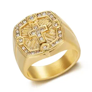 18K Zircon Cross Ring, Luxurious Punk Cross Pattern Stainless Steel Men's Ring, Thanksgiving, Christmas, Easter Gift