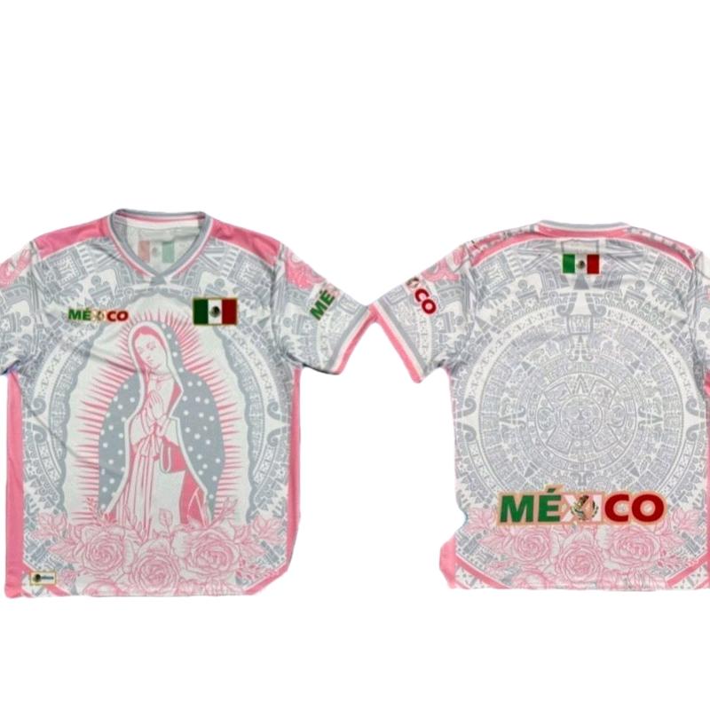 Virgen de Guadalupe Mexico Jersey Pink and Black Color with Green White and Red Trim and Mexican Flag Design
