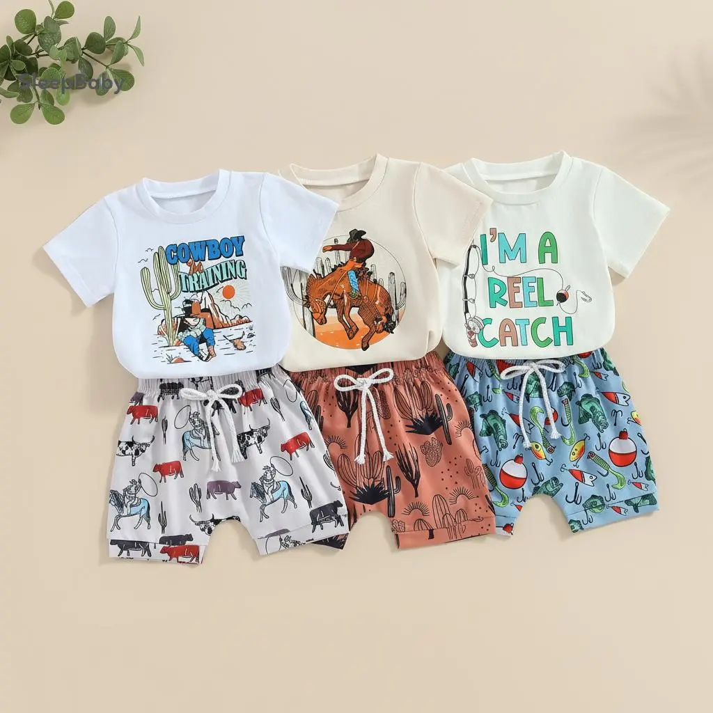 Baby Boy Clothing Set, 2-Piece Daily Cotton Blend Summer Wear - Short Sleeve Western Print T-Shirt, Drawstring Shorts (Tops Length: 30-38 cm, Pant Length: 23-27 cm) for Infants & Toddlers, 3 Color Shorts