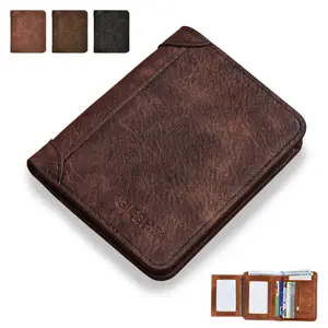 Leather Trifold RFID Wallet For Men,Minimalist Small Compact Front Pocket Credit Card Holder,Multi Slot ID Holder With Driver License Compartment For Work Travel