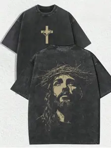 Jesus Crown of Thorns Double-Sided Washed Black Christian T-Shirt - Oversized Faith Tee.Double-Sided Print Jesus & Cross Washed Black T-Shirt - Christian Cotton Streetwear