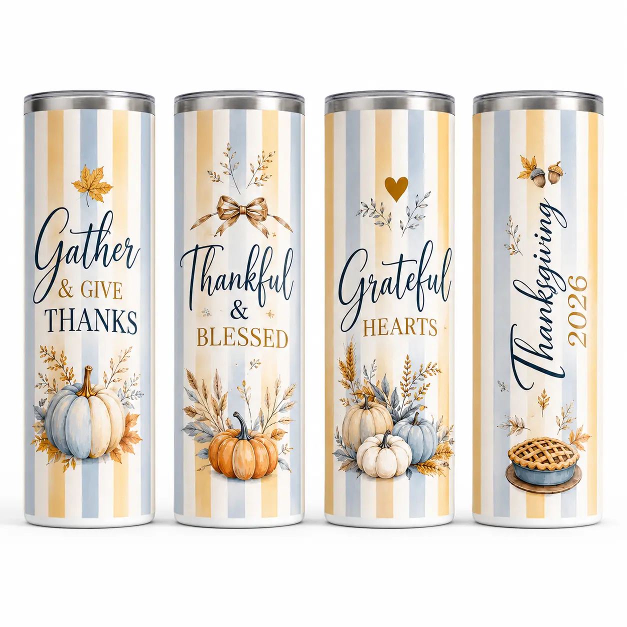 Thanksgiving Skinny Tumbler with Lid and Straw, Grateful Thankful Blessed Fall Pumpkin Travel Cup, Autumn Gift for Women, Thanksgiving 2026 Drinkware