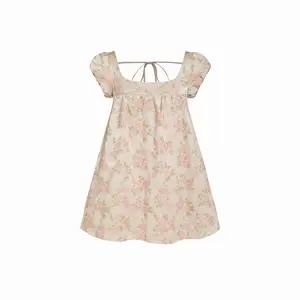 Cider Floral Embroidery Puff Sleeve Tie Back Oversized Babydoll Mini Dress