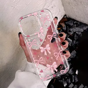 A Stylish Phone Case Featuring a Design with a Pink Bow And Heart Graffiti Pattern, Made of Air Cushion Material for Slip Resistance, Compatible with Iphone 11/12/13/14/15/16/17 Pro Max.