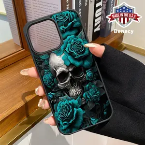 Magnetic Soft Case for iPhone 16 15 14 Pro Max 13 12 11 XR E XS Plus Non-Yellowing Drop Protection Transparent Acrylic Skull in flowers Pattern Shockproof Silicone Cover Supports Wireless Charging.