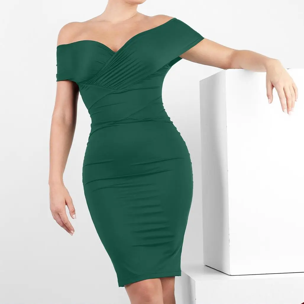 Popilush Off-Shoulder Ruched Shapewear Midi Dress Chic Elegant Popilush Off-Shoulder Ruched Shapewear Midi Dress Chic Elegant