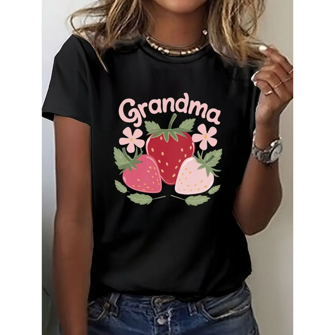 Womens Cotton Short Sleeve Graphic T Shirt Grandma Strawberry Print Cute Casual Summer Top Soft Everyday Tee Gift For Grandma Mothers Day Family Matching Outfit