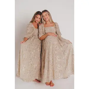 Mona Maxi Dress in Beige/Brown Floral - Bump Friendly - Inclusive Sizing (S-3X)