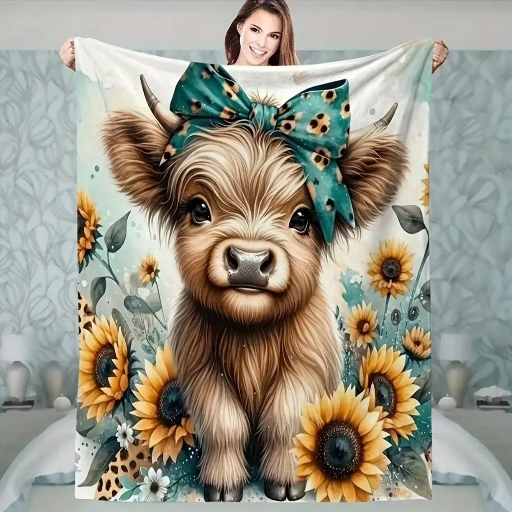Modern Highland Cow Blanket Lightweight Modern Highland Cow Sunflower Blanket - Digitally Printed Flannel,  All-Season Reusable Bedding for Room Decor, Sofa, Travel, and Naps