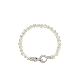 Croc Closure Pearl Adult Bracelet Silver Unisex Fashion Jewelry with Elegant Pearl Beads