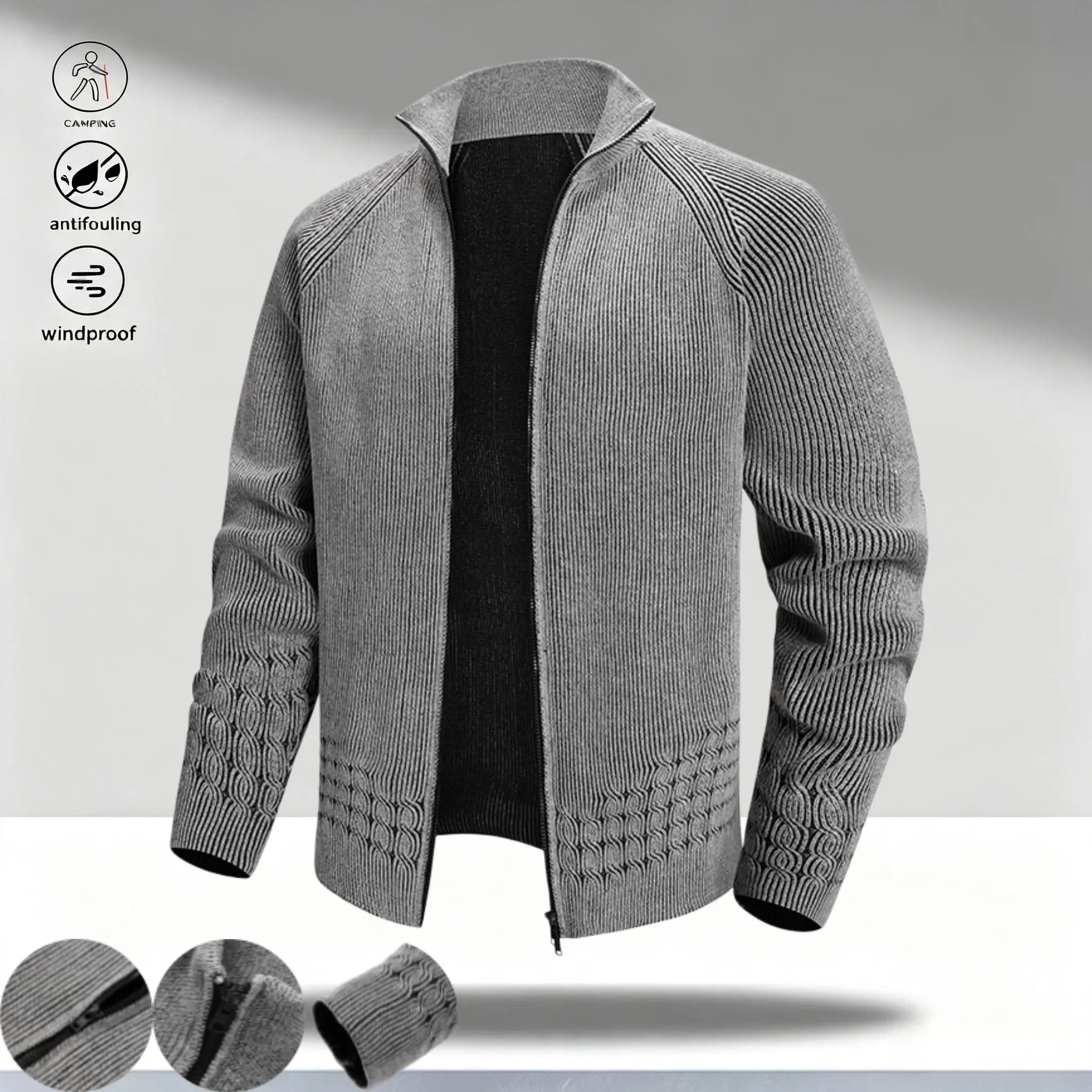 One men’s stand-collar zip-up knit sweater in a light gray color with vertical rib texture; hem features a cable pattern and raglan sleeves. Suitable for everyday commuting; clean, refined fit.