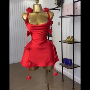 Women's Red Floral Applique Sleeveless Strap Midi A-Line Dress 2025 Summer Holiday Birthday Sexy Club Party Evening Gowns