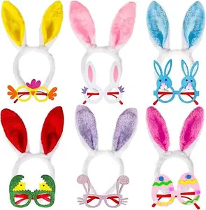 12PCS Easter Headbands and Glasses Frame Set Easter Bunny Ears Rabbit Chick Eggs Party Favor Decorations Supplies Photo Booth for Kids and Adults