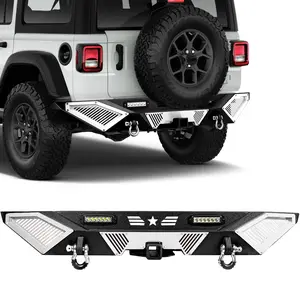 Rear Bumper - Compatible with 2007-2018 JP Wrangler JK/JKU, Off-Road Rock Crawler Full-Width Bumper with LED Lights, 2" Hitch Receiver, D-Rings & DIY White Paintable Armor