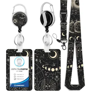 ID Badge Holder with Lanyard and Retractable Badge Reel Clip, Astrological Moon Sun Card Name Tag Lanyard Vertical ID Protector Bage Clips for Nurse   Teacher Student