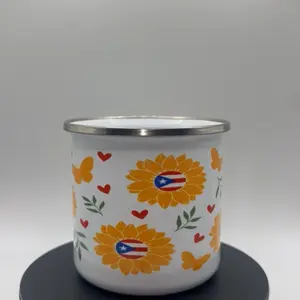 Custom Flag Design - Sunflower with Red and Orange Accents and Butterfly Motif, White Durable Enamel Mug