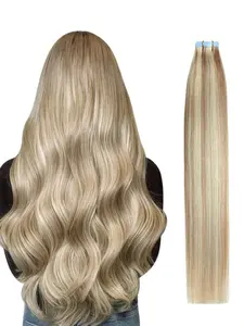 #18P613 20Pcs 50g Tape in Hair Extensions Ash Blonde Highlighted Bleach Blonde Straight Seamless Remy Tape in Hair Extensions Human Hair  14-26Inches Invisible Extension Hairpiece