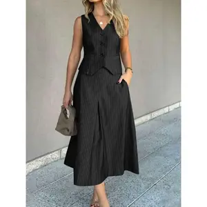 Women's Striped Print Vest & High Waist Skirt Two-piece Set Outfit, Casual Sleeveless Button Front Top & A Line Skirt for Work Office Business, Ladies Summer Clothes