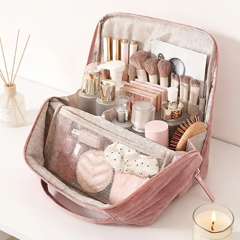 Large Capacity Multi-Layer Standing Makeup Bag, Portable Travel Cosmetic Organizer, Handheld Multifunctional Wash Kit, Easy Storage Case, Cosmetics Organizer, Cosmetic Travel Bags, Travel Beauty Bag