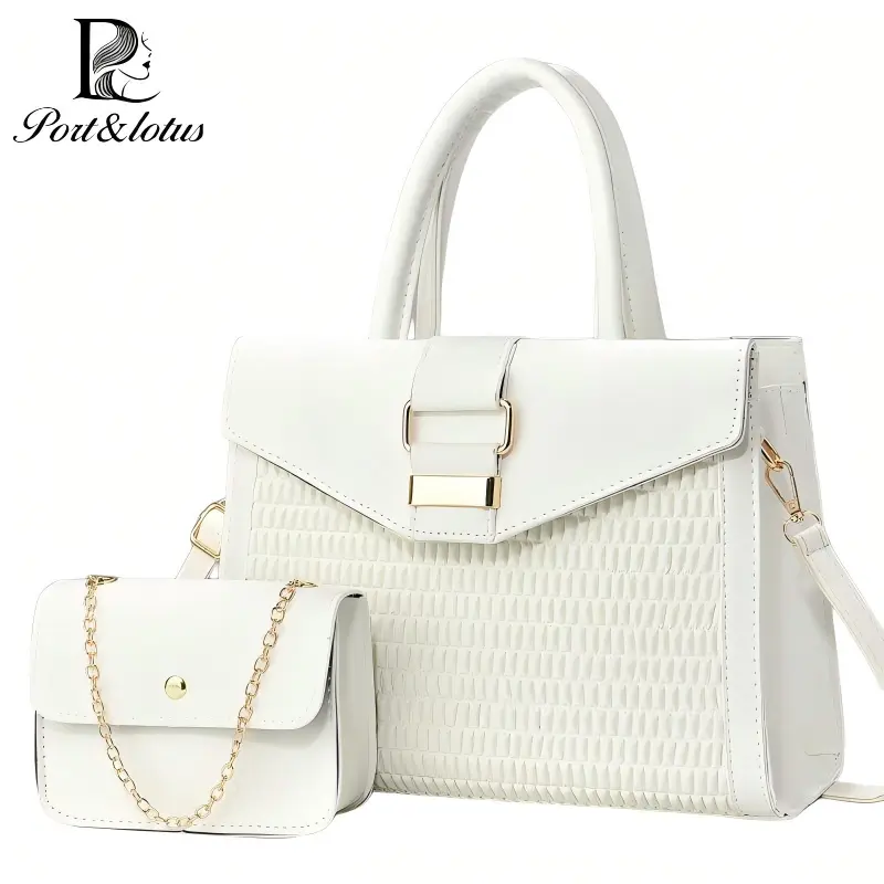 Port&Lotus Women's Elegant Medium to High-Capacity Crocodile Texture PU Leather Handbag Set - Top-Handle, Adjustable Shoulder Strap, Mini Chain Tote Purses with Attachments, Handbags for Women