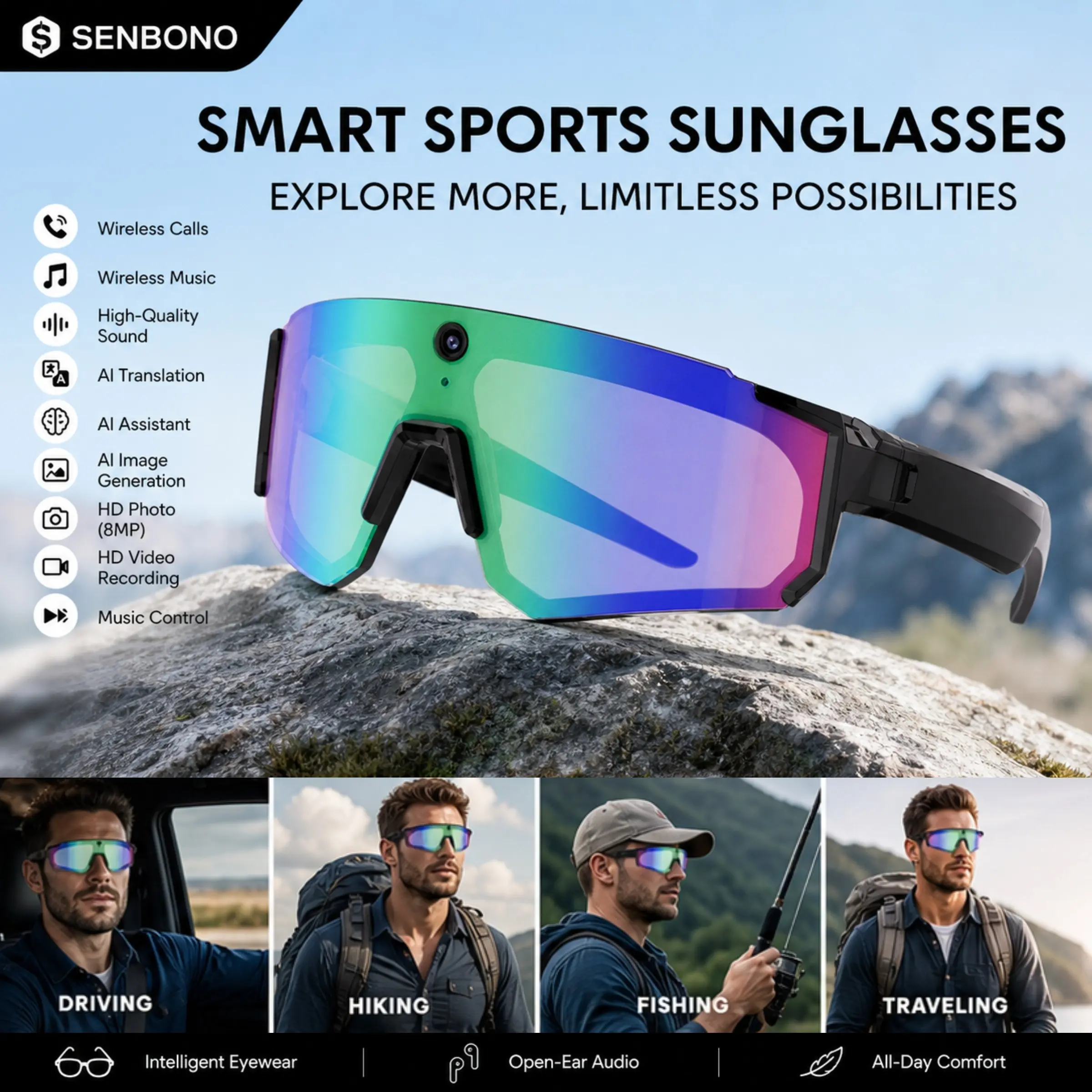 Camera glasses, 8-megapixel high-definition photo and video recording, chat GPT function, dual microphones for noise reduction, 4GB RAM, AI smart glasses, music playback glasses, ideal gift for men and women.