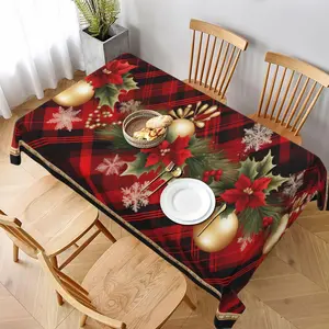 Christmas Themed Tablecloth, 1 Count Ball & Leaves & Flower & Snowflake & Plaid Pattern Festive Atmosphere Tablecloth, Christmas Home  Decoration for Living Room Dining Room
