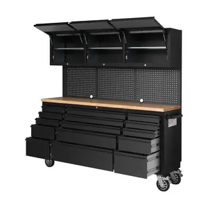 15 drawer rolling toolbox with 3 cabinets and nail plates, 72 inch heavy-duty steel toolbox, large mobile workbench, tool cart with drawers for garage and warehouse, black,tool box