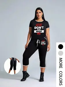 【Plus Size】 God Print Short Sleeve Tee & Capri Pants Two-Piece Set, Casual Round Neck T-shirt & Skinny Pants for Daily Wear, Women's Two-piece Outfits for Summer, Clothes