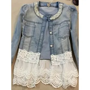 Women’s casual jacket with a lace floral pattern, exquisite buttons, and beaded denim design—perfect for daily fashion and ideal for spring and autumn, featuring cotton sleeves.