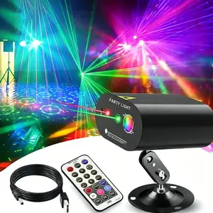 Professional DJ party light system, USB-powered stage disco light with sound-activated mode and voice control function, equipped with a remote control, featuring 6 LED beams and red & green gobo effects, portable moving light suitable for various events,