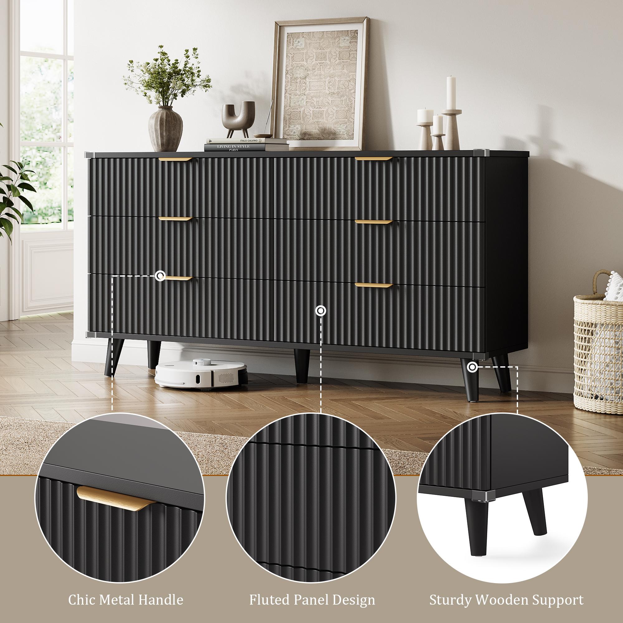 Aowos Fluted 6 Drawer Dresser, Wooden Dressers for Bedroom, 53.2" Wide Modern Long Dresser TV Stand 6 Drawers for Bedroom, Storage Cabinet, Space Saving Orgazier, Drawers Entryway, Home, Dinning, Closet, Living Room, Hallway, Natural, White, Black, Walnut