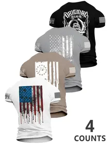 Men's Summer Flag Print Casual Streetwear Top Short Sleeve Shirts, Patriotic Symbols & Personal Slogans, Fitted Round Neck, Crewneck, 4 Pack, Daily Wear