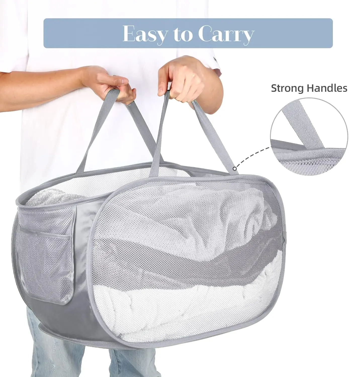 Durable Collapsible Laundry Baskets, Mesh Pop Up Laundry Hamper with Side Pocket, Foldable Clothes Storage Hamper with Reinforced Carry Handles
