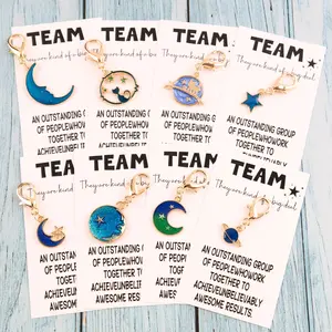 8-Piece Keychain Set with Team Motivational Cards, Cute Planet & Moon Designs, Perfect for Employee Appreciation Day Gifts