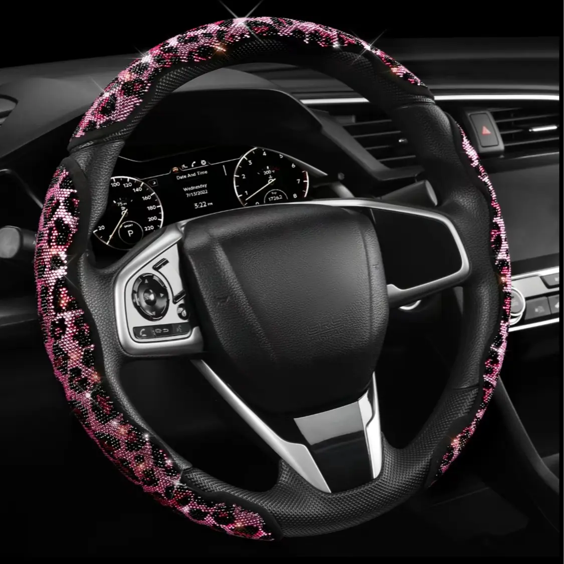 2026 Latest Sequined Leopard Print Universal Steering Wheel Cover with Crystal & Diamond Inlay Decoration, Sports Cheetah Style, Women’s Color-Optional Decorative Car Interior Accessory for All Cars