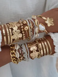 Women's Bracelet Set Chunky Imitation Pearl Wide Face Flower Beaded Chain Bangles Jewelry Gift for Daily Date Vacation Party Ramadan Festival
