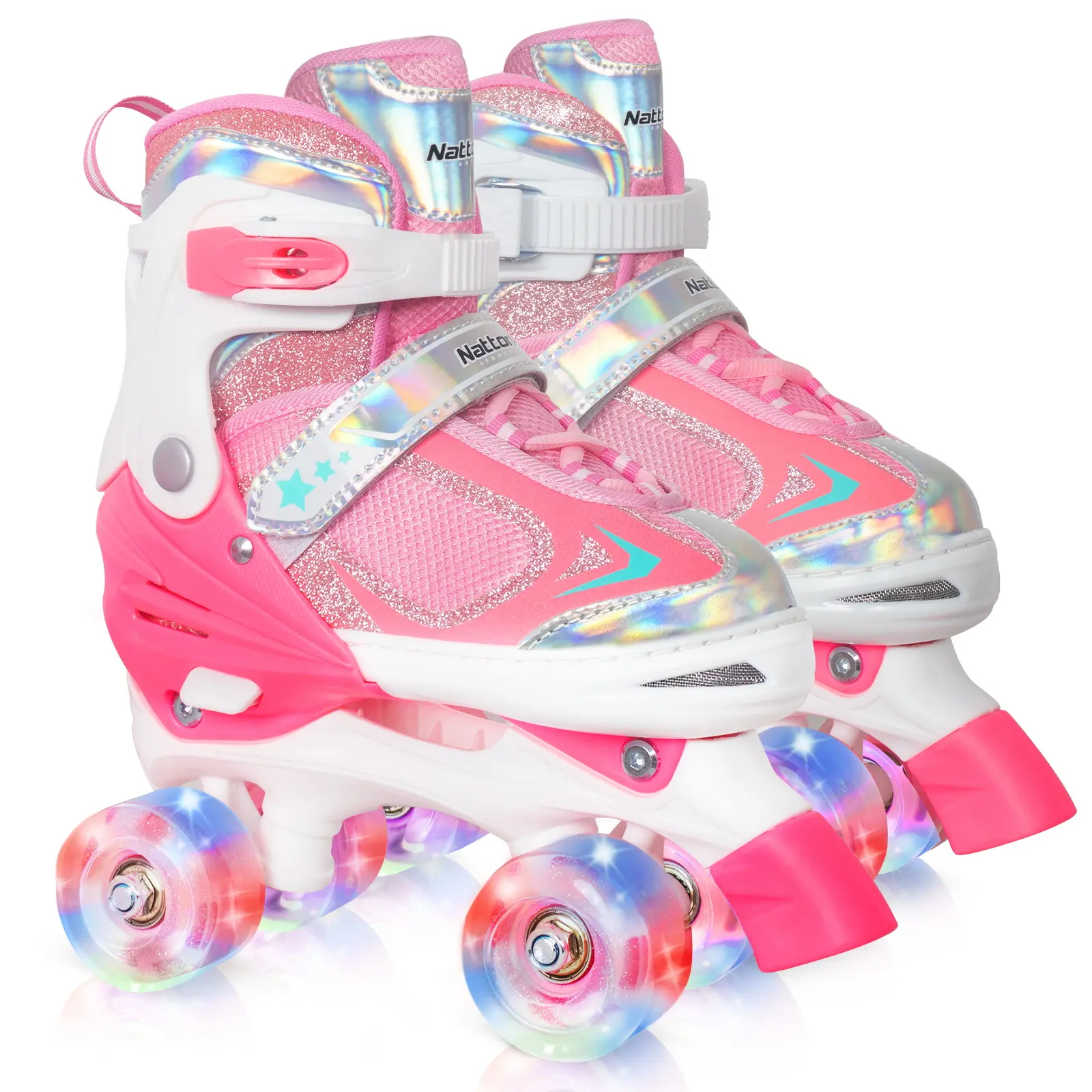 Nattork Adjustable High-Top Roller Skates for Girls, Breathable Mesh Skates for Beginners with 8 Light-Up Wheels & Ankle Protection for Indoor Outdoor Use, Abec-7 Bearings, Dual-Buckle Closure, Skating Fun