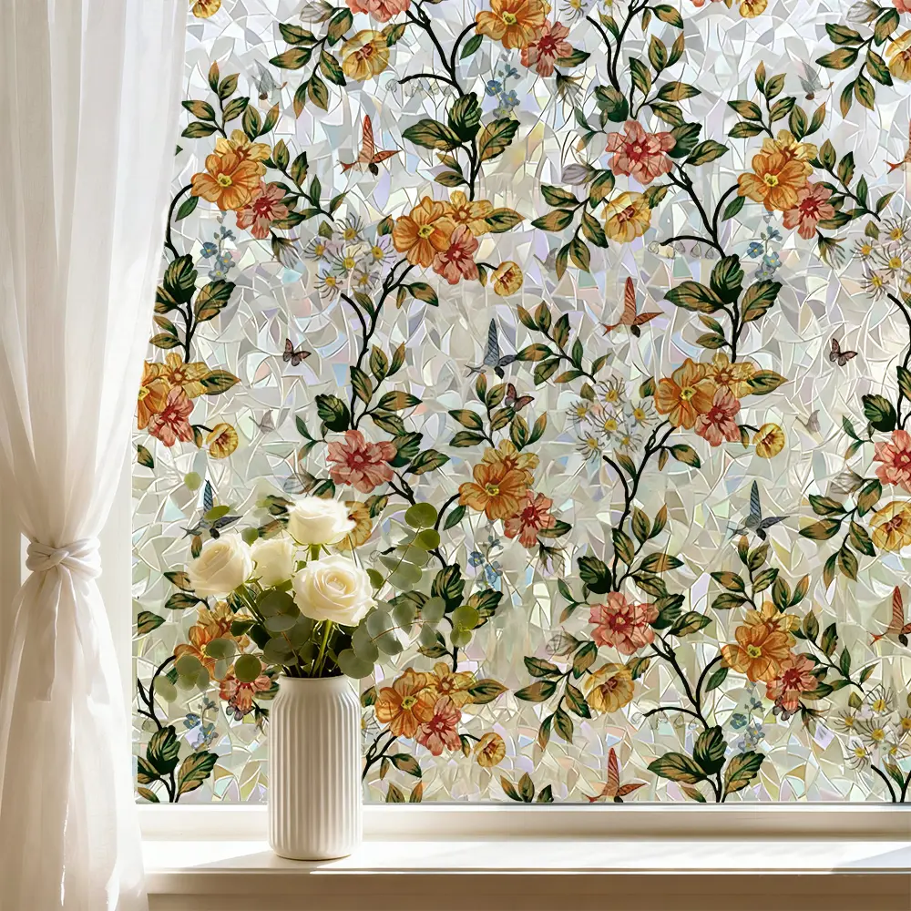 1 Roll Static Cling Iridescent Floral Privacy Window Tint - Artwork Interior Stickers, Decorative Cover Film Wallpaper Roll Wallpaper for Home Decor, Living Room & Kitchen Sliding Doors, Removable Building Supplies, Modern