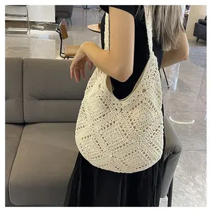 Versatile single-shoulder straw bag for women, high-end handmade cotton woven bag, large-capacity beach vacation tote bag