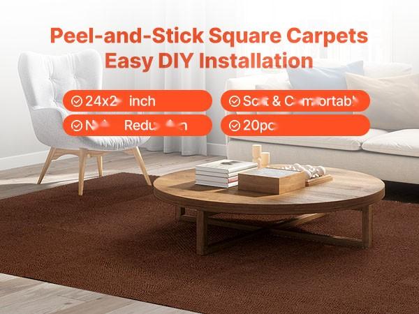 Carpet Tiles 24x24 Inch, 20 Pack Peel And Stick Self-Adhesive Brown Carpet Tiles For Home Flooring, Easy Install, Interlocking Floor Tiles, Removable And Reusable, Durable, Water Resistant, Ideal For Living Rooms, Kitchens