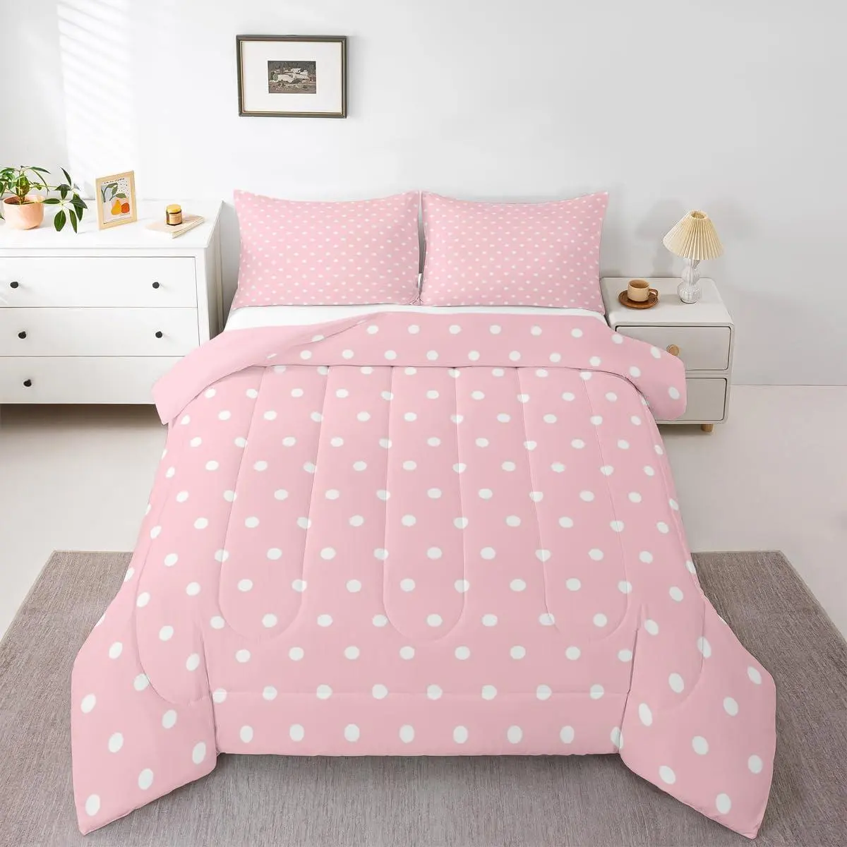 Pink White Bedding Set Polka Dots Comforter Set Abstract Duvet Quilt Breathable Soft Lightweight Microfiber Modern Room Decor